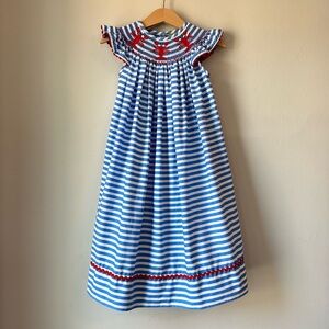 Classic Whimsy Lobster Trio Smocked Blue Stripe Angel Sleeve Long Dress Size 4T